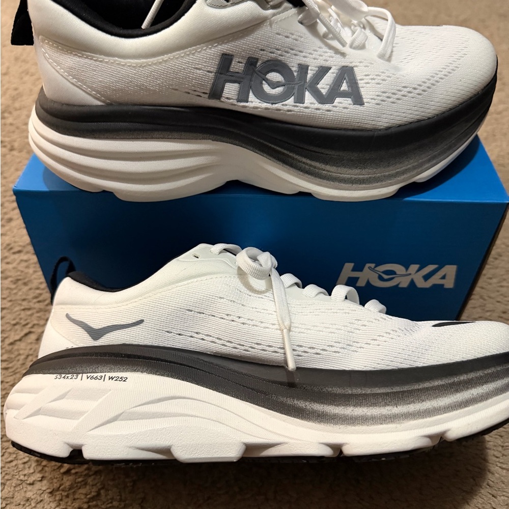 Hoka Black and White Bondi 8 Shoes - Picture 2 of 5